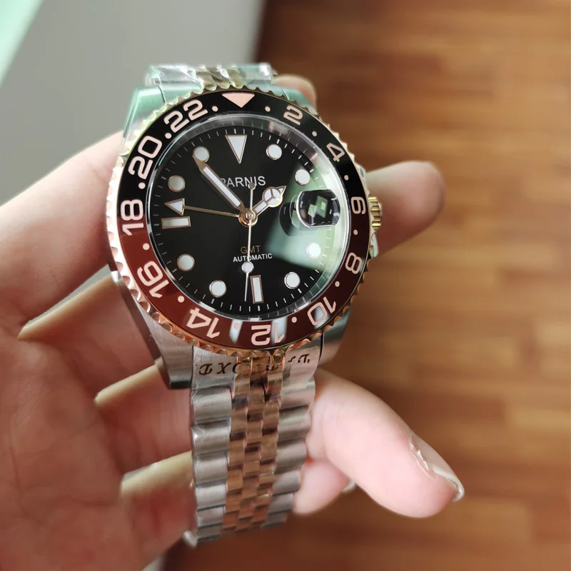 Мужские автоматические механические часы Parnis 40 мм GMT сапфировый Кристалл розовое