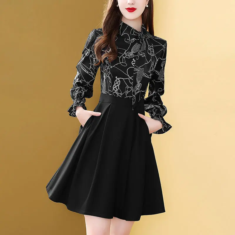 

Women Dresses Spring Autumn New Printed Dress for Women Fashion Fake Two Pieces A- line Skirt Vestido De Mujer