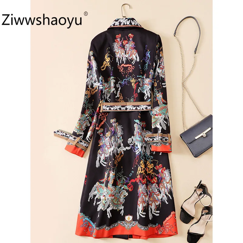 

Ziwwshaoyu 2019 New Autumn Winter Brand Overcoat Outwear Women's Long Sleeve Vintage Printed Single Breasted Long Trench Coat