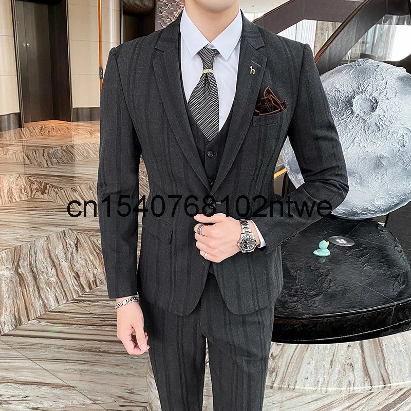 

Мужской полосатый костюм из трех предметов деловой Повседневный корейский мужской костюм на одной пуговице платье