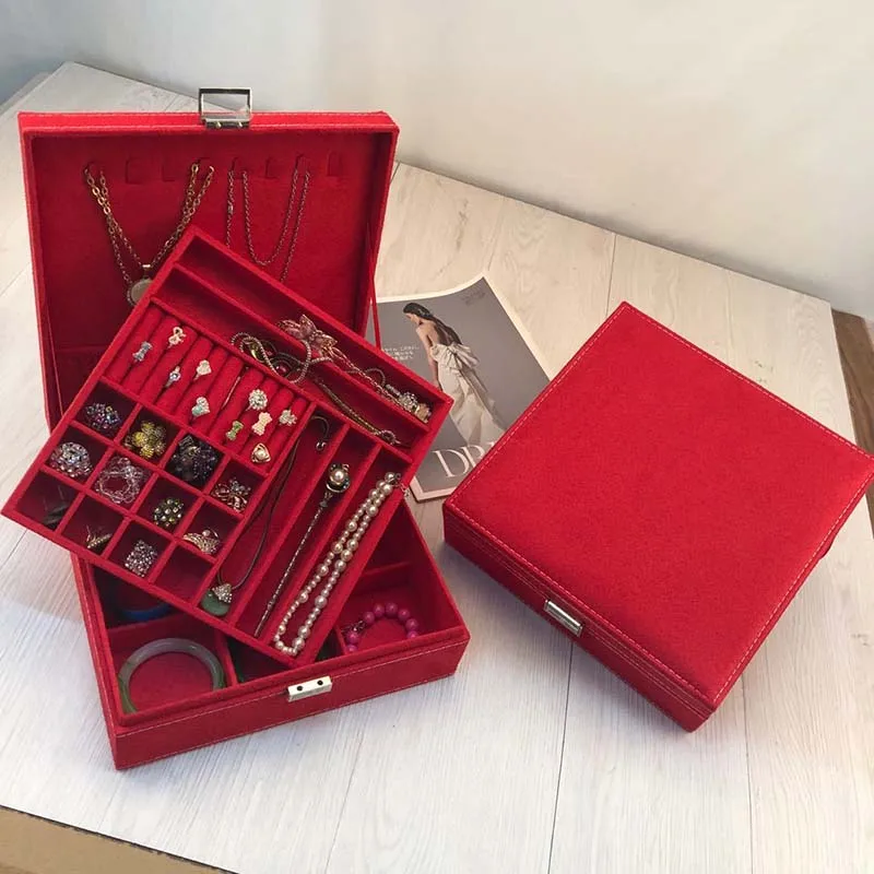 

Large Space Velvet Jewelry Box Hot Selling New Double-Layer Leather Jewelry Box Ear Stud Earrings Multi-Function Storage Box