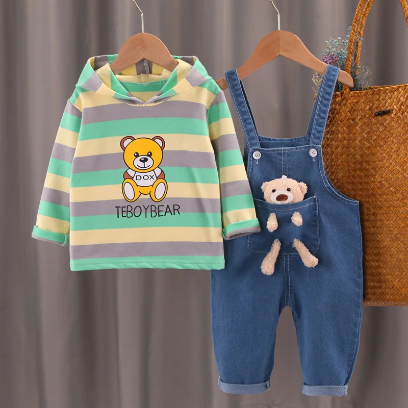 

Outfit Sets Korean Children Cotton Kids Clothes Spring Autumn Baby Toddler Boy Girls Stripe T Shirt Cartoon Bib Pants 2Pcs/sets