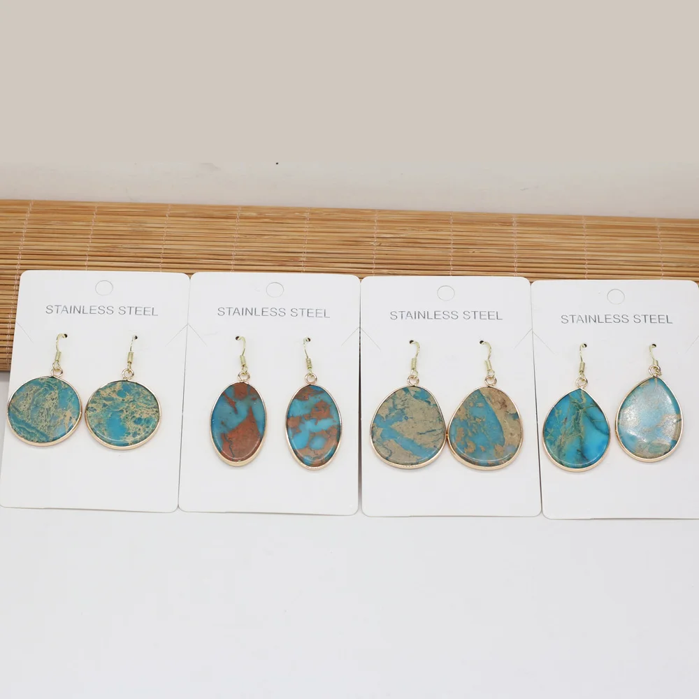 

Hot Sell New Fashion Natural Stone Earrings Oval Round Shape Blue Ocean Ore Temperament Earrings for Women Girls Jewelry Gift