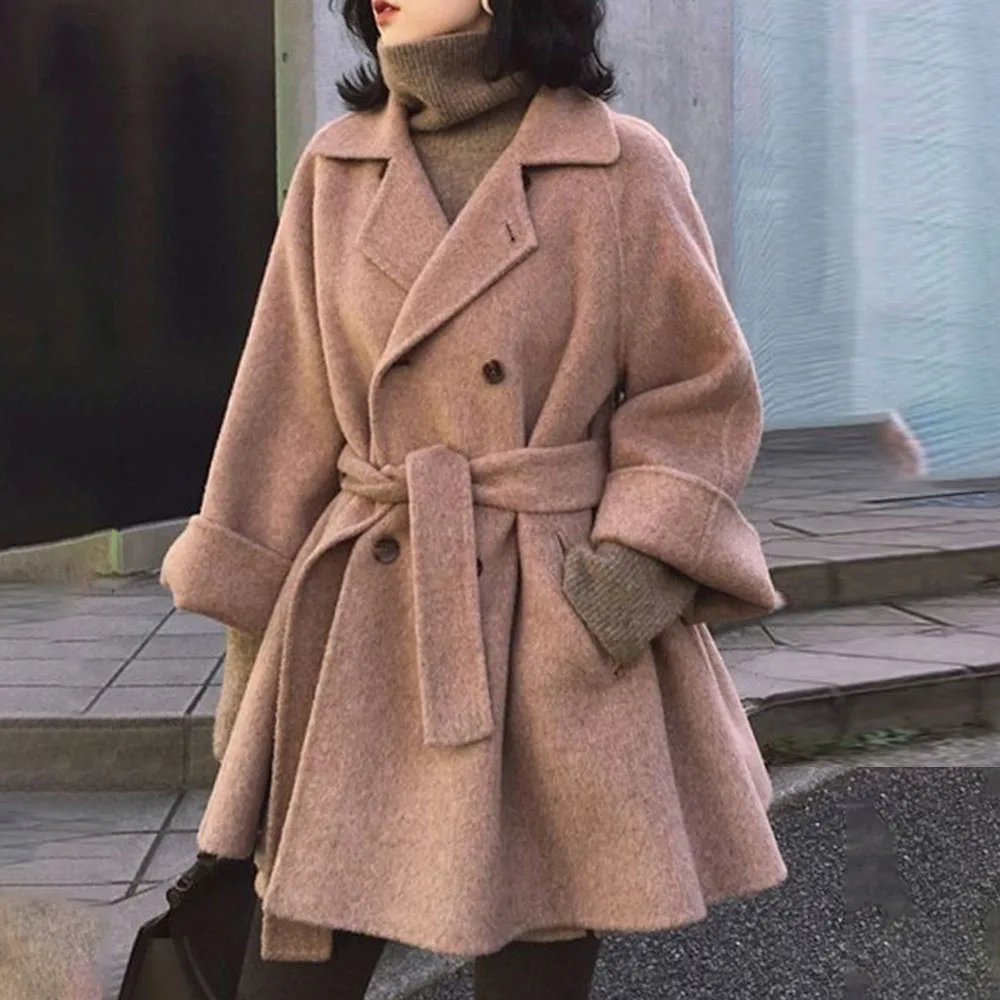 

Woolen Coat Women Korean Style Loose Mid-length Windbreaker Coat Ladies Elegant Outer Wear Female Winter Clothing Simplicity