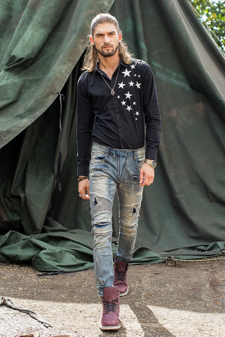

New Men's Male Trousers European and American Street Trendy Irregular Jeans Raw Edge Holes Slim Slimming Motorcycle Denim Pantsp