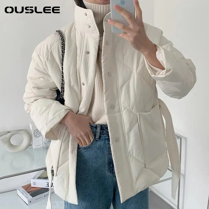 

OUSLEE Women Winter Thick Cotton Padded Coats Single-breasted Zippers Lace-up Female Parkas Stand Collar Warm Jackets