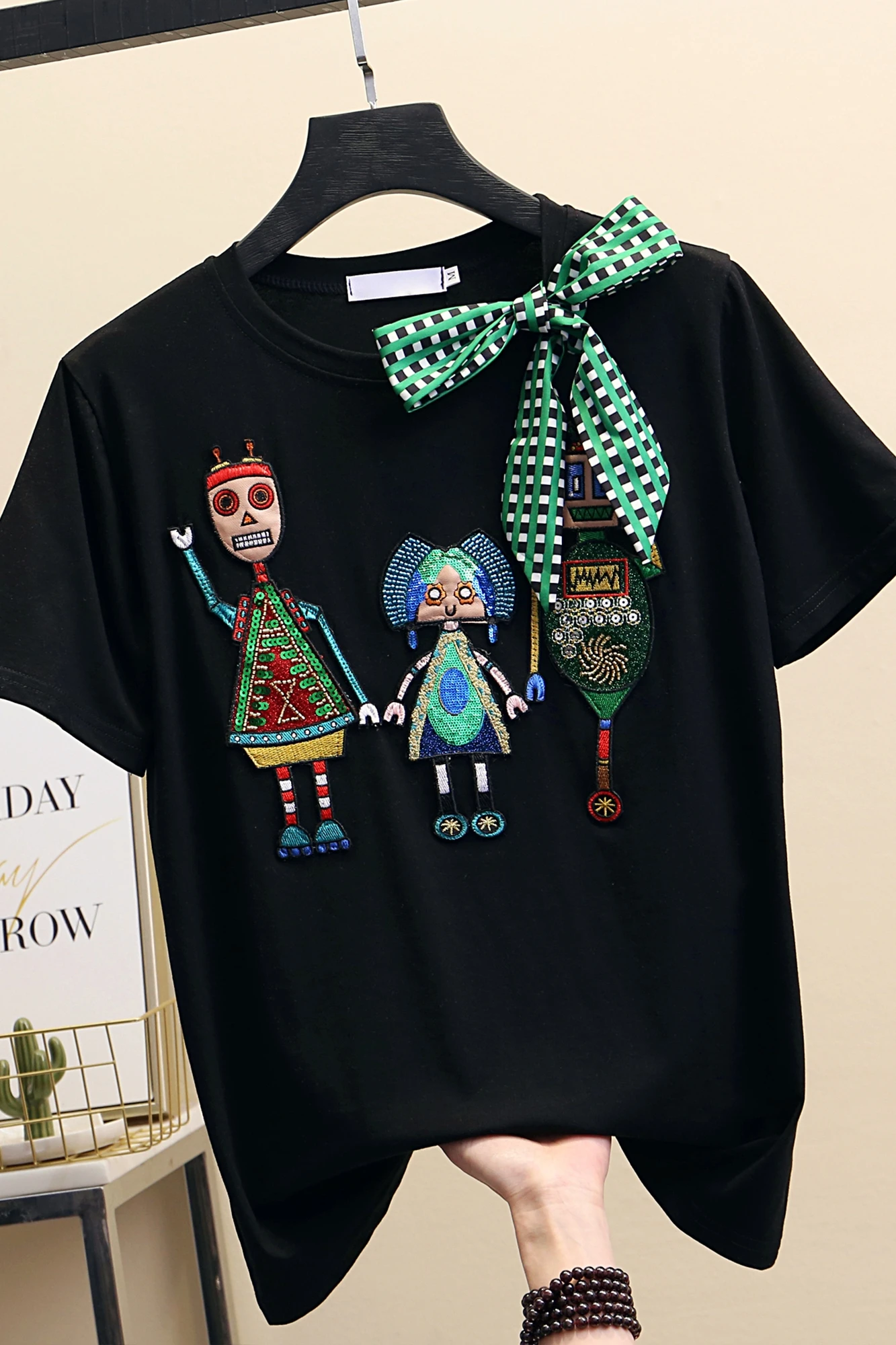 

Retro Embroidery Cartoon Cotton T-shirt Female 2021 Bow Short Sleeve Loose Casual Tshirt Student Tops Women Summer Tee Harajuku