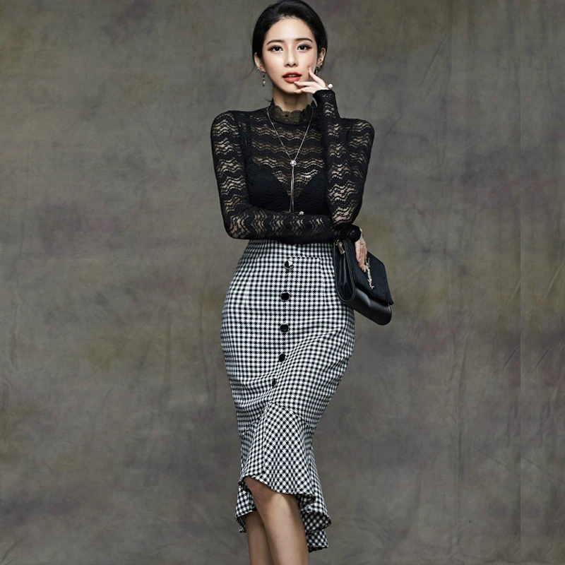 

2020 New Modis Brand Designer Runway Two Piece Set for Women Slim Black Lace Pullover and Houndstooth Trumpet Wrap Skirt Ladies