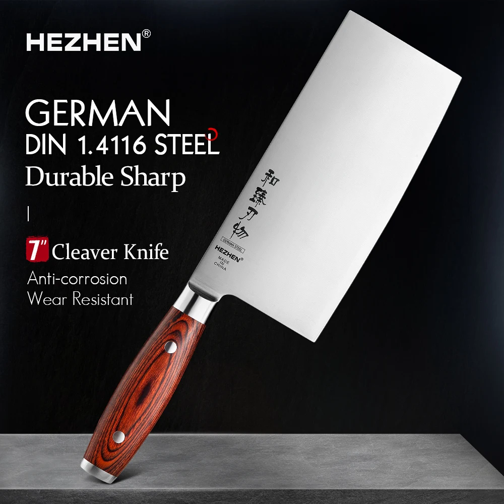 

HEZHEN 7 Inches Cleaver Knife High Quality German Molybdenum Vanadium Steel Pakka Wood Handle Kitchen Cook Slicing Knives