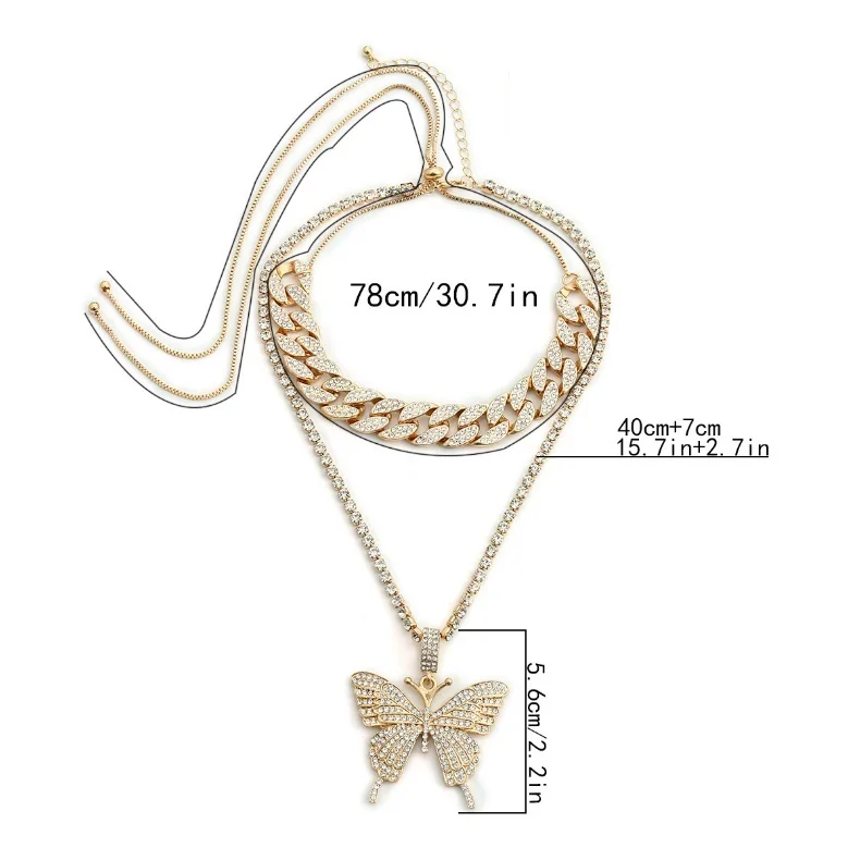 

Men Hip-hop Personality Cuban Rhinestone Butterfly Pendant Necklace Men and Women Rock Punk Trend Pendant Multi-layer Necklace