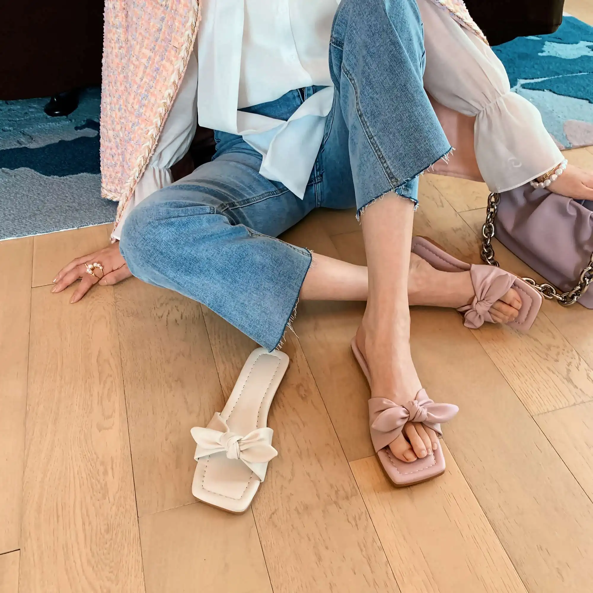 

lenkisen low heel butterfly-knot high street fashion young lady daily wear Princess style slip on summer outside slippers L23