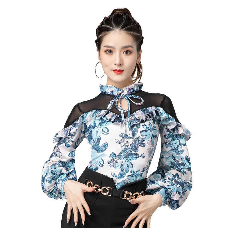 

Топы для бальных танцев с принтом и пышными рукавами, костюм для выступлений и выступлений, костюм для вальса, стандартная одежда для танцев...