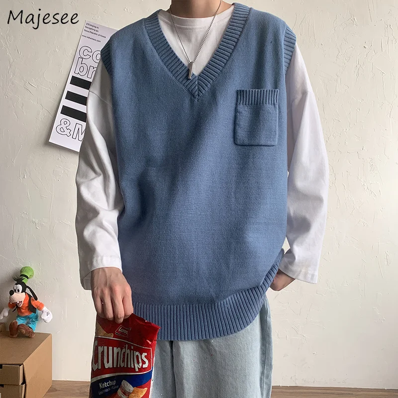 

Men Solid Sweater Vests Simple All-match Ulzzang V-neck Jumpers Streetwear Daily Tricot Casual Loose Bf Retro College Cozy Ins