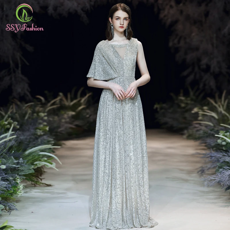 SSYFashion Новое Элегантное серебряное вечернее платье для банкета простое блестящее