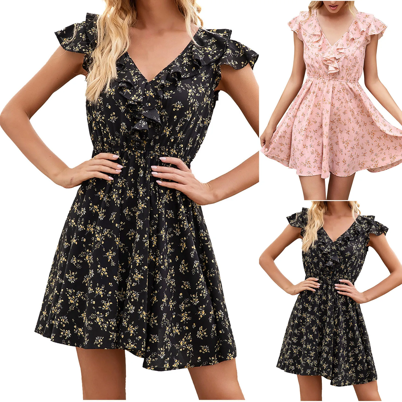 

Dresses Women Summer Fashion Casual V-neck Ruffle Floral Print Short Sleeve Vacation Dress vestido largo verano mujer E3