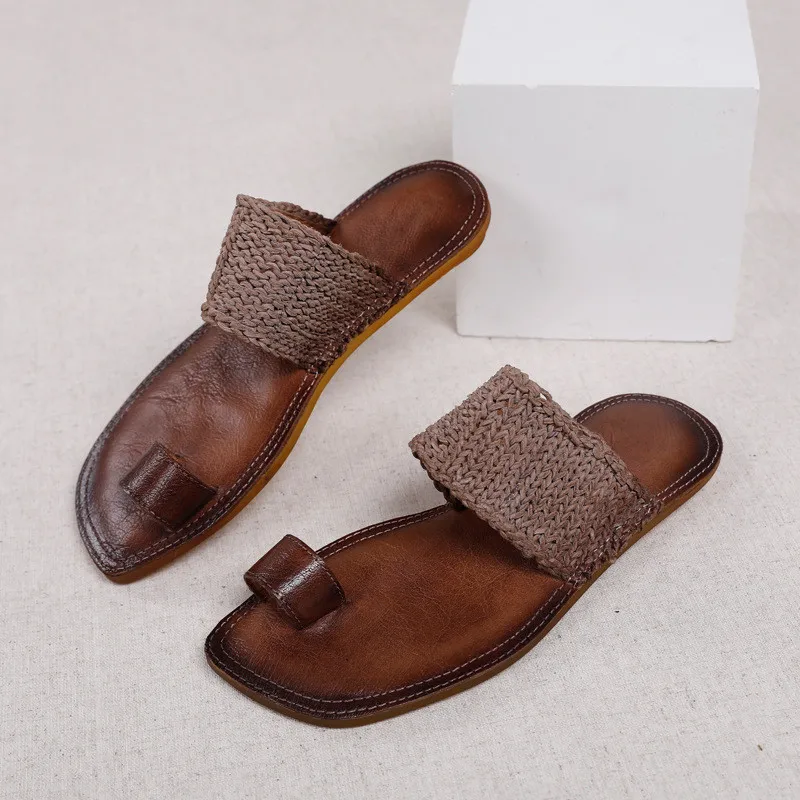 Женские шлепанцы из натуральной кожи винтажные сандалии на плоской подошве с