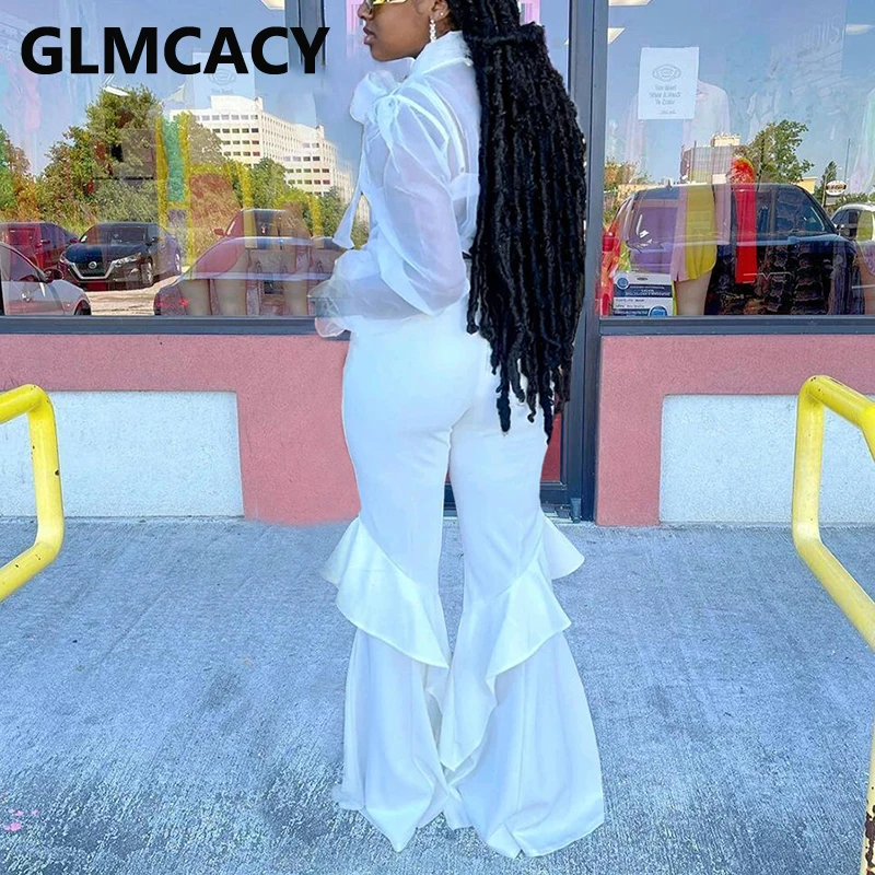 

Two Piece Chic Suits Mesh See Through Blouse Top & Flare Pants Set