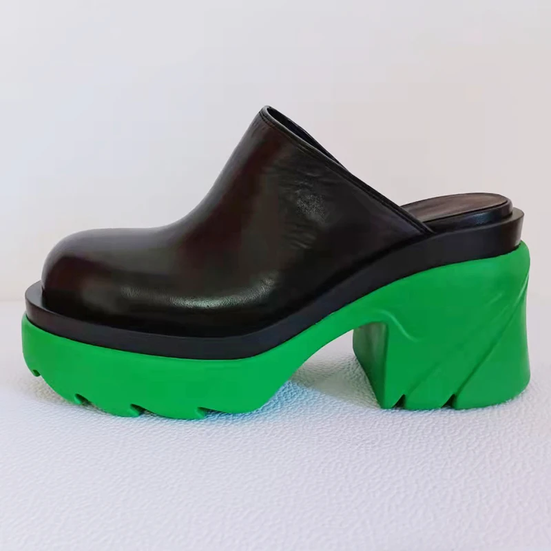 

2021 Real Leather Half Slippers Women's Summer High-heel Platform Sandals Women's Single lazy loafers round toe Casual Mules