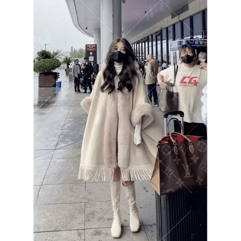 

Wool Cloak Shawl Coat Women's 2021 Autumn Winter New Listing Foreign Style Fashion Tassel Hooded Best Temperament Foreign Style