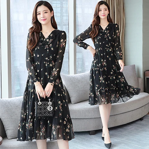 Long Sleeve Летние женские черные винтажные цветочные шифон пляжный ветер корейское среднее длинное платье Элегантные женские S-5XL большого размера сексуальное богемное сексуальное платье с коротким рукавом взлетно-посадочно - Цвет: Long Sleeve