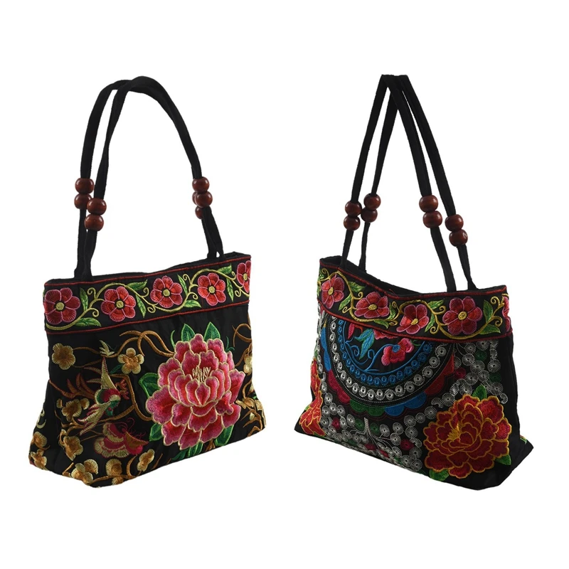 2pcs Chinese Style Women Handbag Embroidery Ethnic Summer Fashion Handmade Flowers Ladies Tote Shoulder Bags Cross Body Red-Dou |