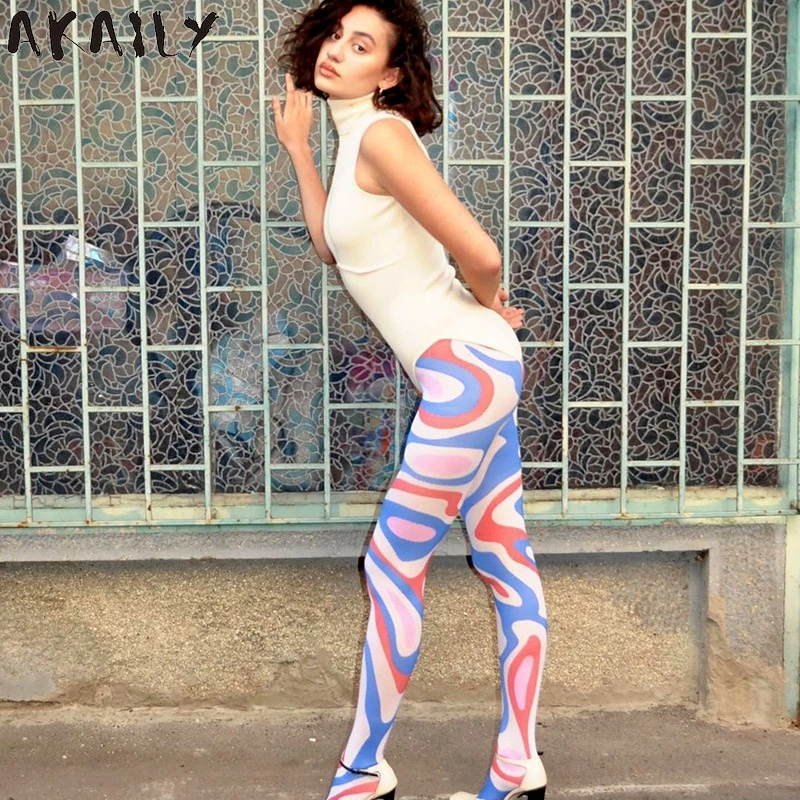 

Akaily Streetwear Print Skinny Grey Sweatpants Women Summer Outfit High Waist Elastic Trousers Female Casual Long Pants 2021