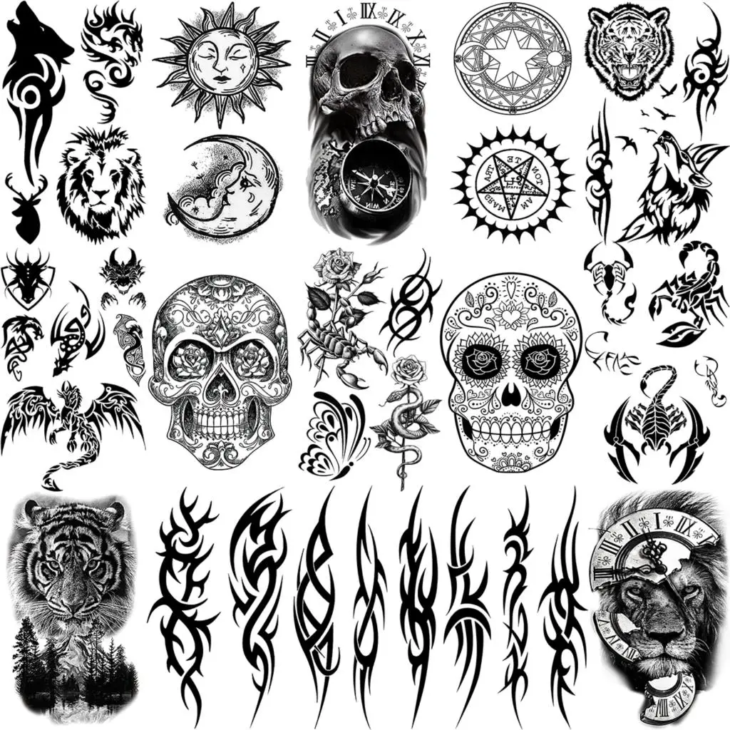 

Реалистичные шипы скорпиона, цветок, змея, временные татуировки для женщин и мужчин, тигр, Лев, Череп, дракон, искусственная татуировка, модн...