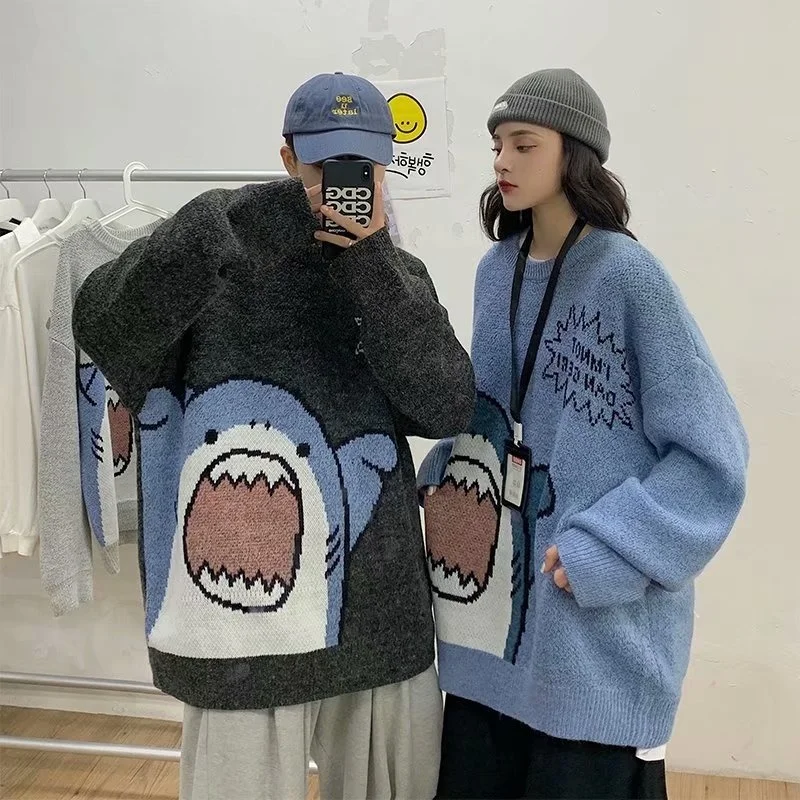 

Fashion Men Turtlenecks Shark Sweater High Street Winter Patchwor Harajuku Y2K Korean Style High Neck Oversized Knitted Jumper