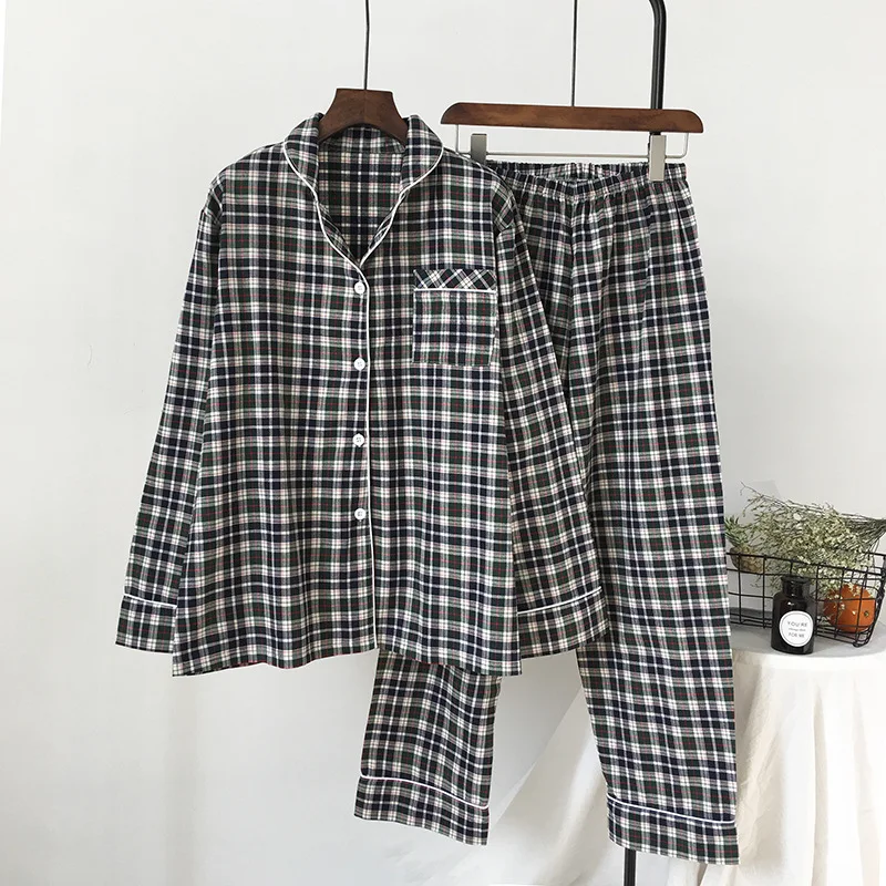 

New Plaid Lapel Knitted Pajama Suit Long Sleeve Cotton Plus Size Sleepwear Christmas Pajamas Adult Autumn Pijama for Women