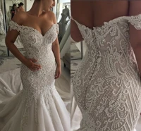 luxury mermaid beaded lace wedding dresses 2021 sweep train off the shoulder arabic dubai bridal gowns handmade robe de mariee