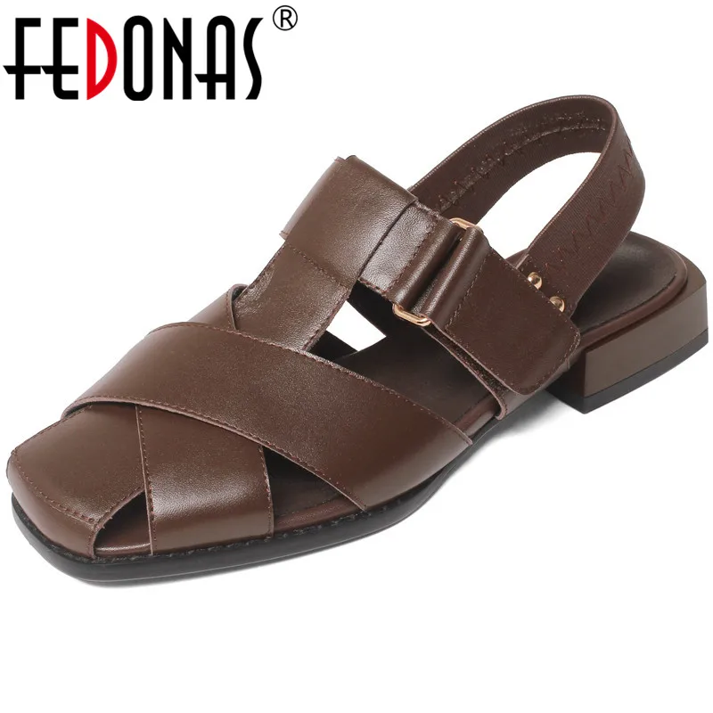 

FEDONAS Square Toe Shoes Woman 2021 Fashion Summer Low Heels Pumps For Women Buckle Genuine Leather Party Office Women Shoes