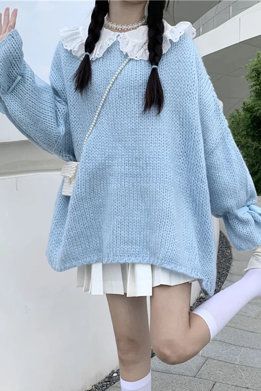 

Moko Japanese Lazy Style Sweater Women's Autumn 2020sweet round Neck All-Matching Tied Long Sleeves Milk Blue Knitted Top coat