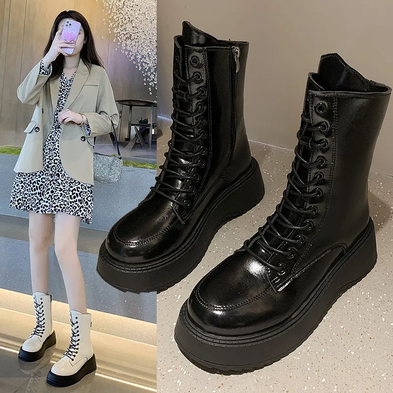 

Женские ботильоны на молнии, Осенняя обувь на толстой платформе со шнуровкой, женские мотоциклетные ботинки из искусственной кожи на плоск...