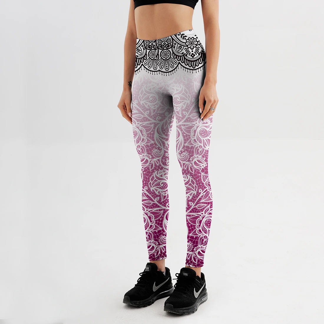 Женские леггинсы для тренировок Qickitout черные с цветочным принтом и градиентом в