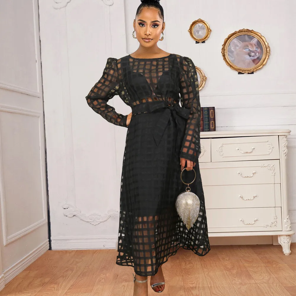 

2021 New African Fashion Womens Dress Round Neck Sexy Perspective Lattice Bandage Long Sleeve Temperament Commute Women