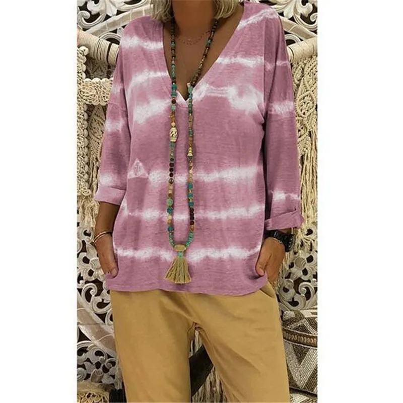 Футболка с принтом Тай-дай Весенняя женская футболка длинным рукавом и v-образным