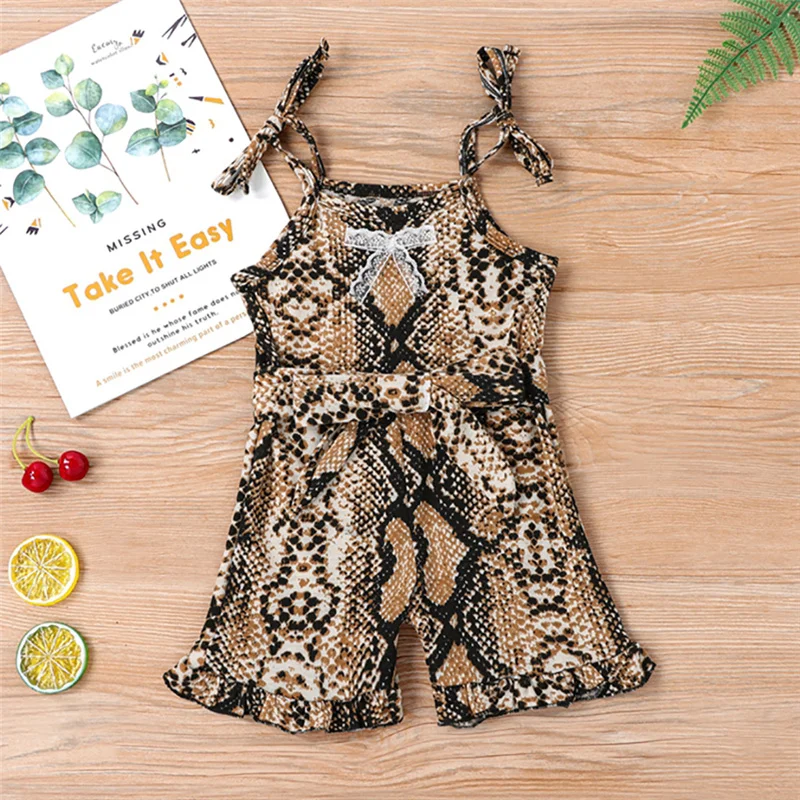 

Baby Kid Girl Clothing Snake Skin Pattern One-piece Jumpsuit Sleeveless Romper Flared Pants Lace-up Sling Bodysuit Summer
