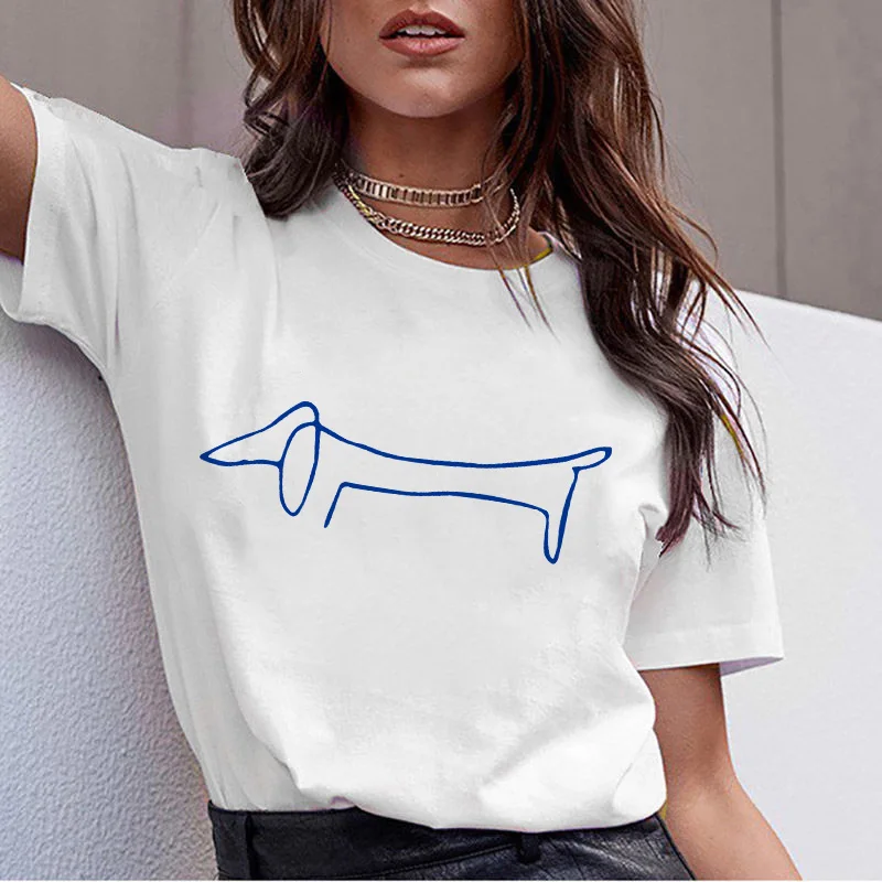 

2021 Summer Women's T-shirt Cute Dachshund Teckel Printed T-shirt Casual White 90s Fashionable Retro T-shirt Ladies Top Tee Girl