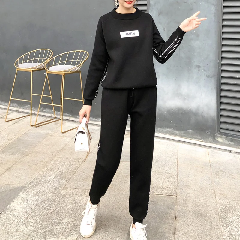 2020 autumn winter Woolen and Cashmere Knitted warm Suit O collar Sweater + Harem pants loose style two-piece set women knit |