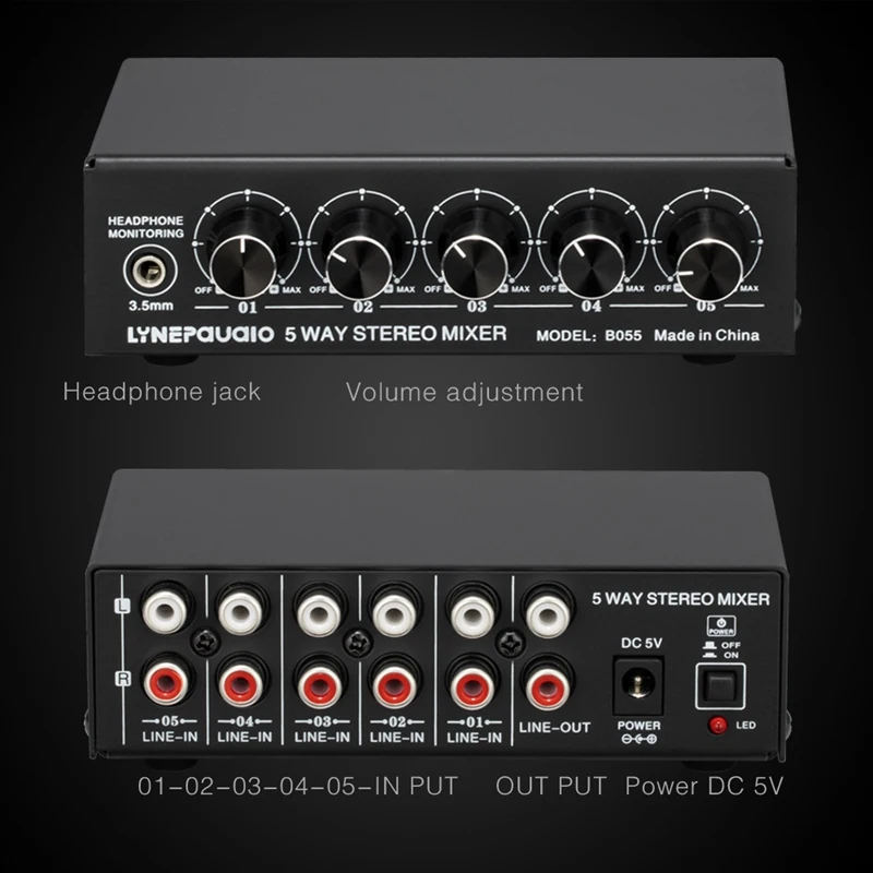 

Hot LYNEPAUAIO Stereo 5-Way Active Mixer Independent Volume Adjustment Support Multi-Channel Mixer with Headphone Monitor