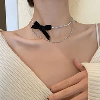 2021 new fashion black bowknot senior women pendant necklaces contracted double shiny crystal sweet party short necklace jewelry