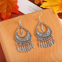 thailand gypsy jewelry alloy silver color large hollow pendant alloy feather tassel pendant earrings 2020 jewelry