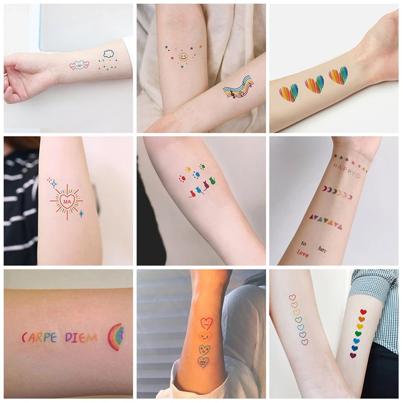 2Pcs Temporary Tattoo Sticker Cute Color Smile Face Rainbow Waterproof False Tattoo Decal Boy Girl Arm Leg Shoulder Body Art