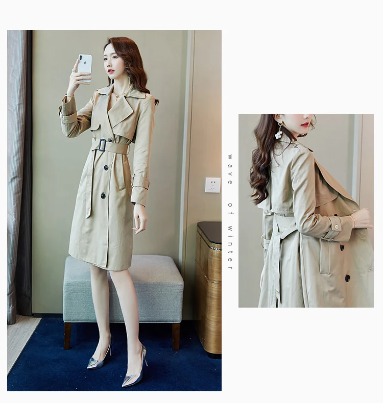 Женская двубортная ветровка без бретелек Женский Повседневный длинный тренчкот