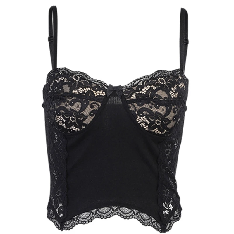 

Women Gothic Black Camisole Sexy Floral Lace Patchwork Spaghetti Strap Crop Top