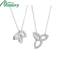 moonmory cluster 925 sterling silver three leafs pendant crystal cz long chain 2019 fashion women accessories wedding jewelry