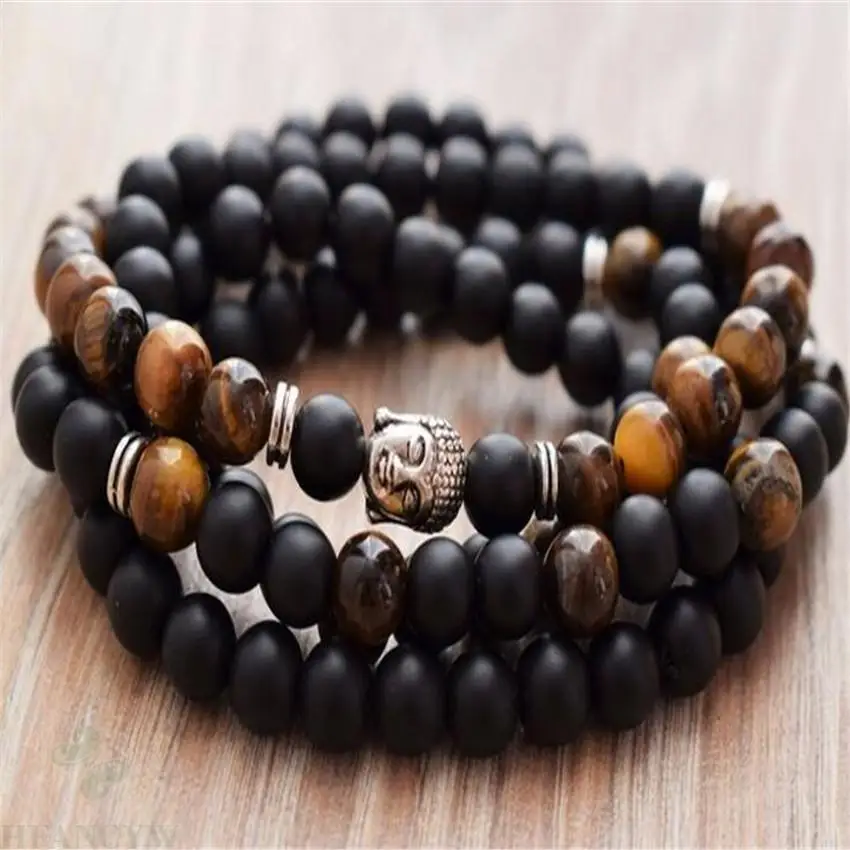 

8mm Frosted black agate Tiger Eye Gemstone 108 mala Bracelet chain yoga Chakas natural MONK Handmade Sutra cuff pray Buddhism