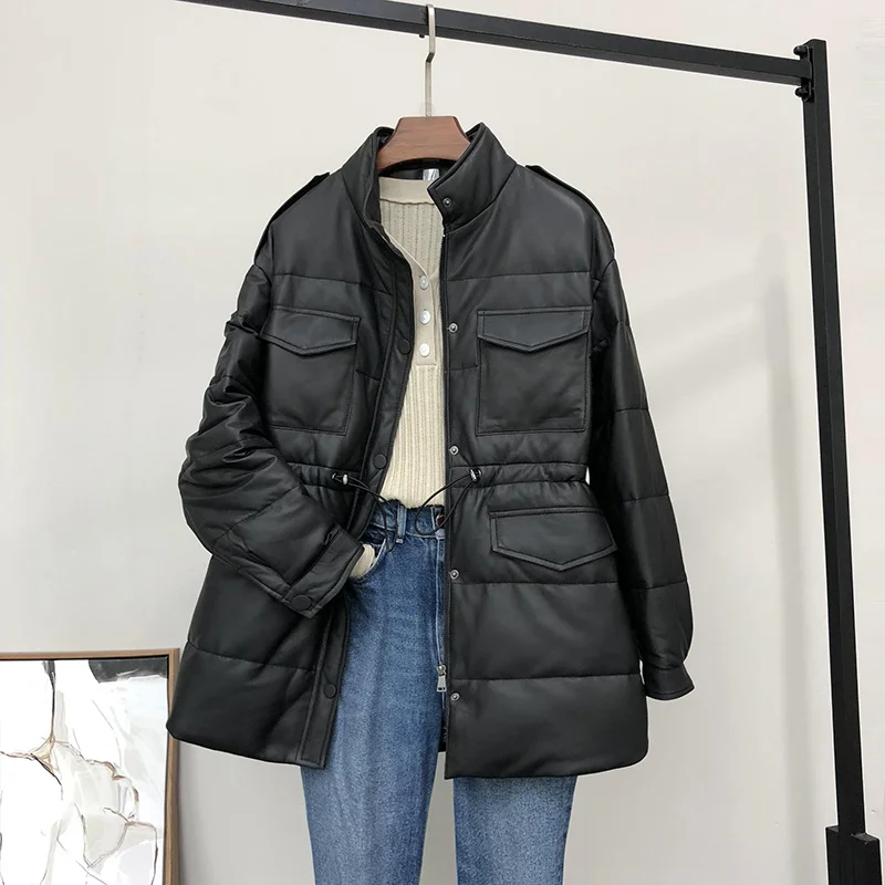 Продажа Кожаный пуховик SHZQ, женская кожаная куртка средней и длинной длины, с воротником-стойкой, Ветровка из овечьей кожи, куртка с карманами для ин...