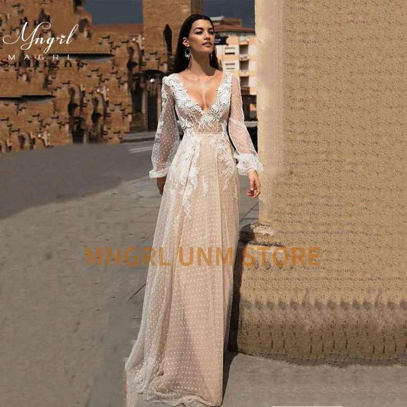 

MNGRL Simple V-neck Long Sleeve Mermaid Bridal Dresses White Lace V-neck 3D Flower Wedding Gown Backless Plus Size Wedding Gown
