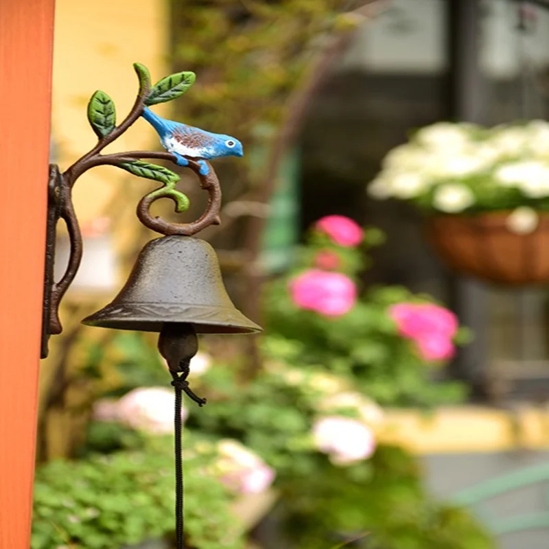 Campanilla de mano de hierro fundido montada en la pared, decoraci&oacute;n Vintage hecha a mano para el hogar y el jard&iacute;n-0